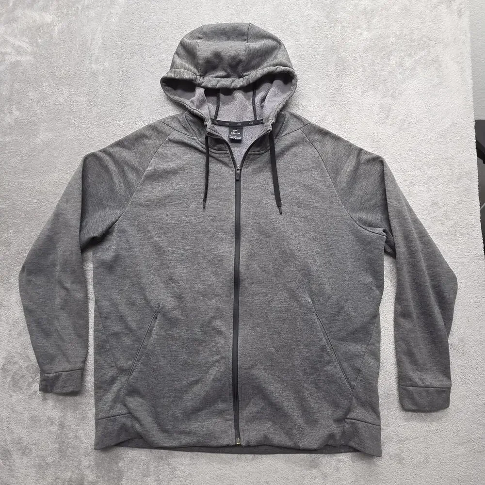 Nike Hoodie Mens 2XL Gray Full Zip Hooded Lined Dri-FIT Fleece Gym Pockets